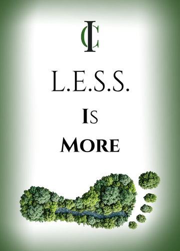 An environmental footprint image for LESS is More: Letting go, let's more in, Everyone is Someone, Somewhere is Better Than Nowhere (Now-Here), and Something is Better than Nothing (Let No-Thing Stop You)